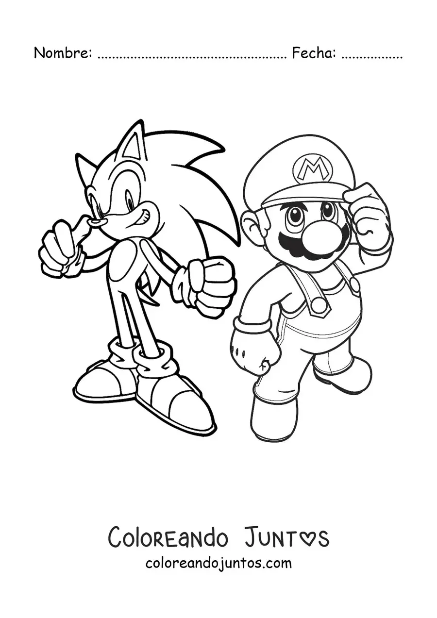 Imagen para colorear de Sonic junto a Mario