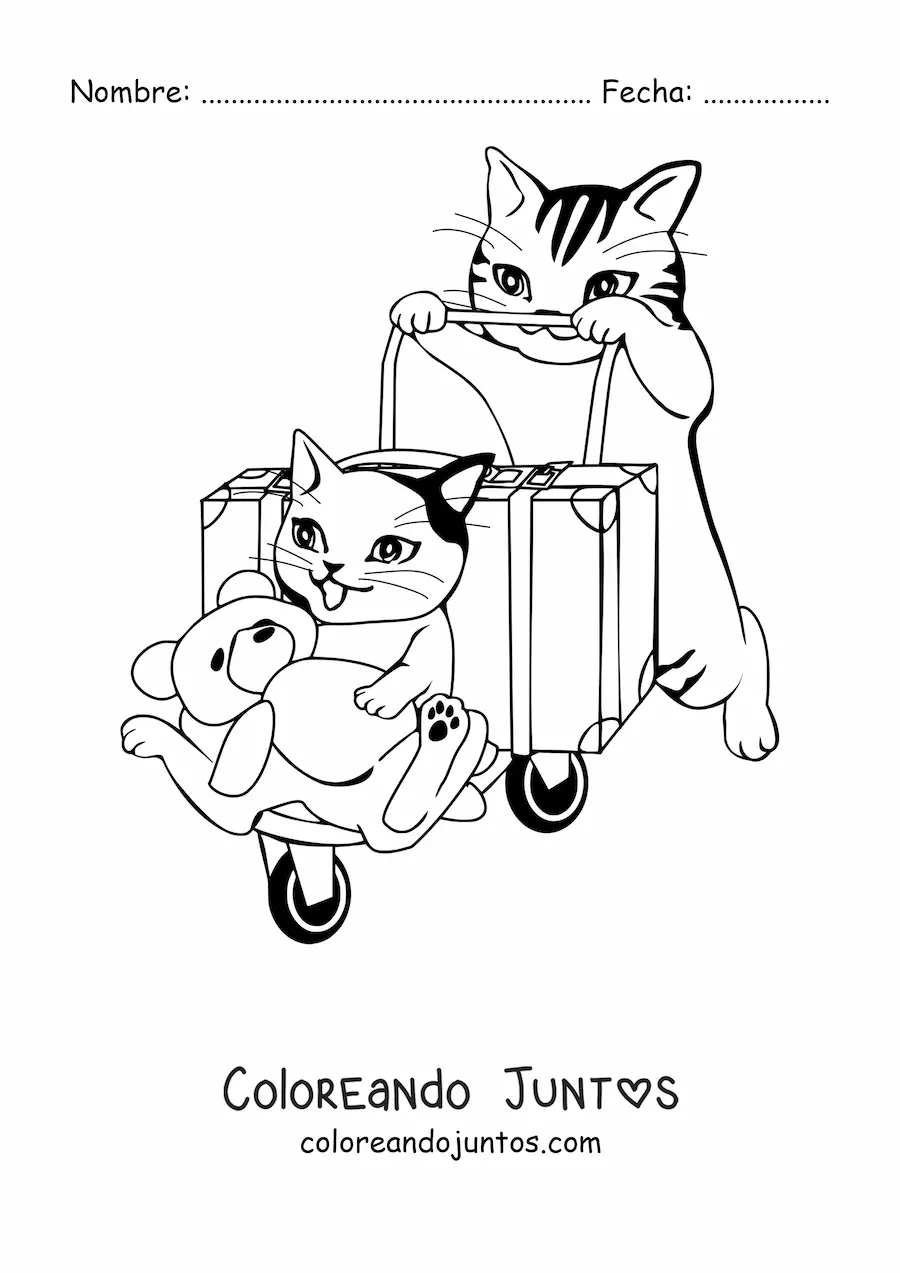 Imagen para colorear de gato empujando un portaequipaje con maleta, otro gato y un oso de peluche