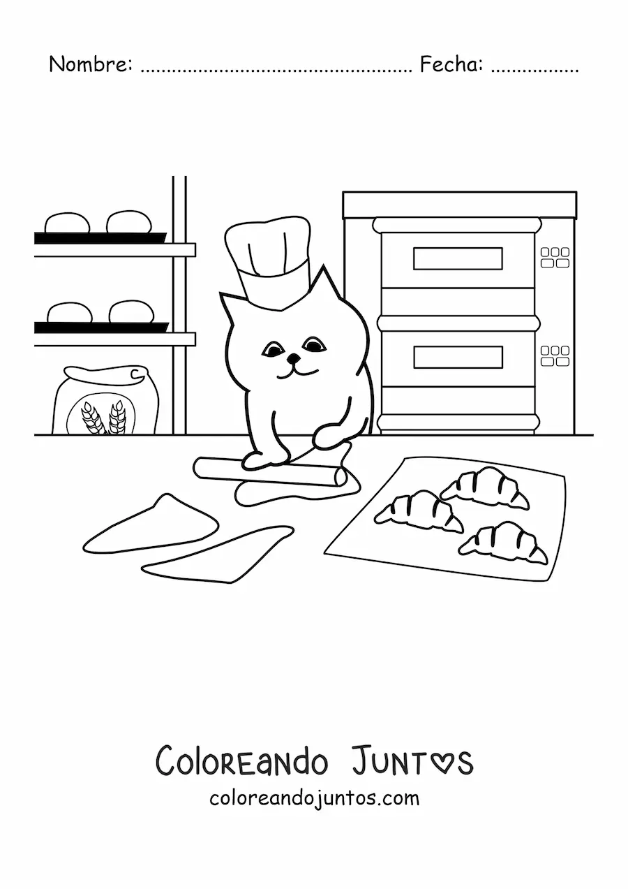 Imagen para colorear de un gato panadero animado cocinando croissants