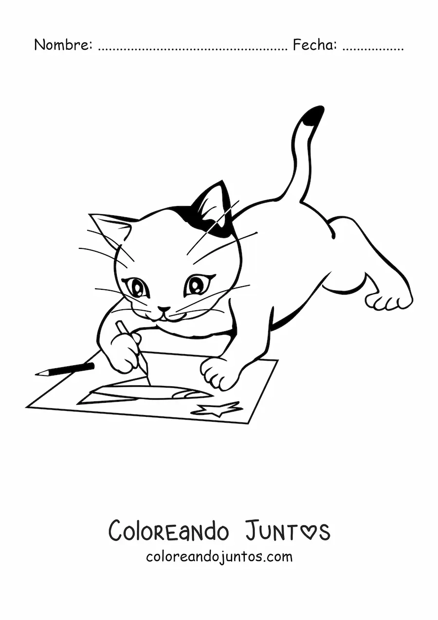 Imagen para colorear de un gato animado dibujando sobre una hoja