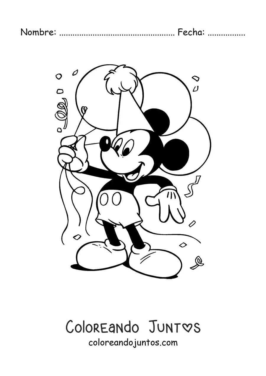 Imagen para colorear de Mickey feliz sujetando varios globos de cumpleaños