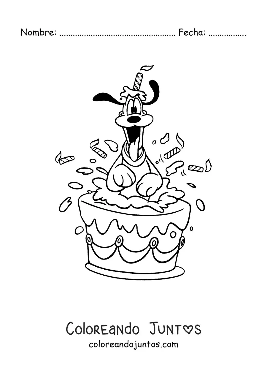 Imagen para colorear de Pluto saliendo del interior de un pastel de cumpleaños
