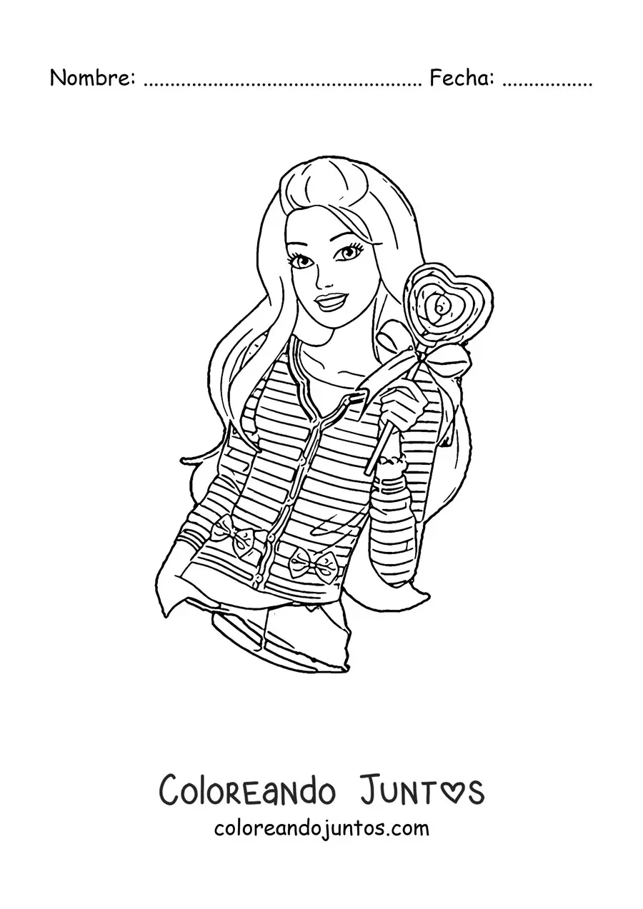 Imagen para colorear de Barbie sosteniendo una paleta en forma de corazón