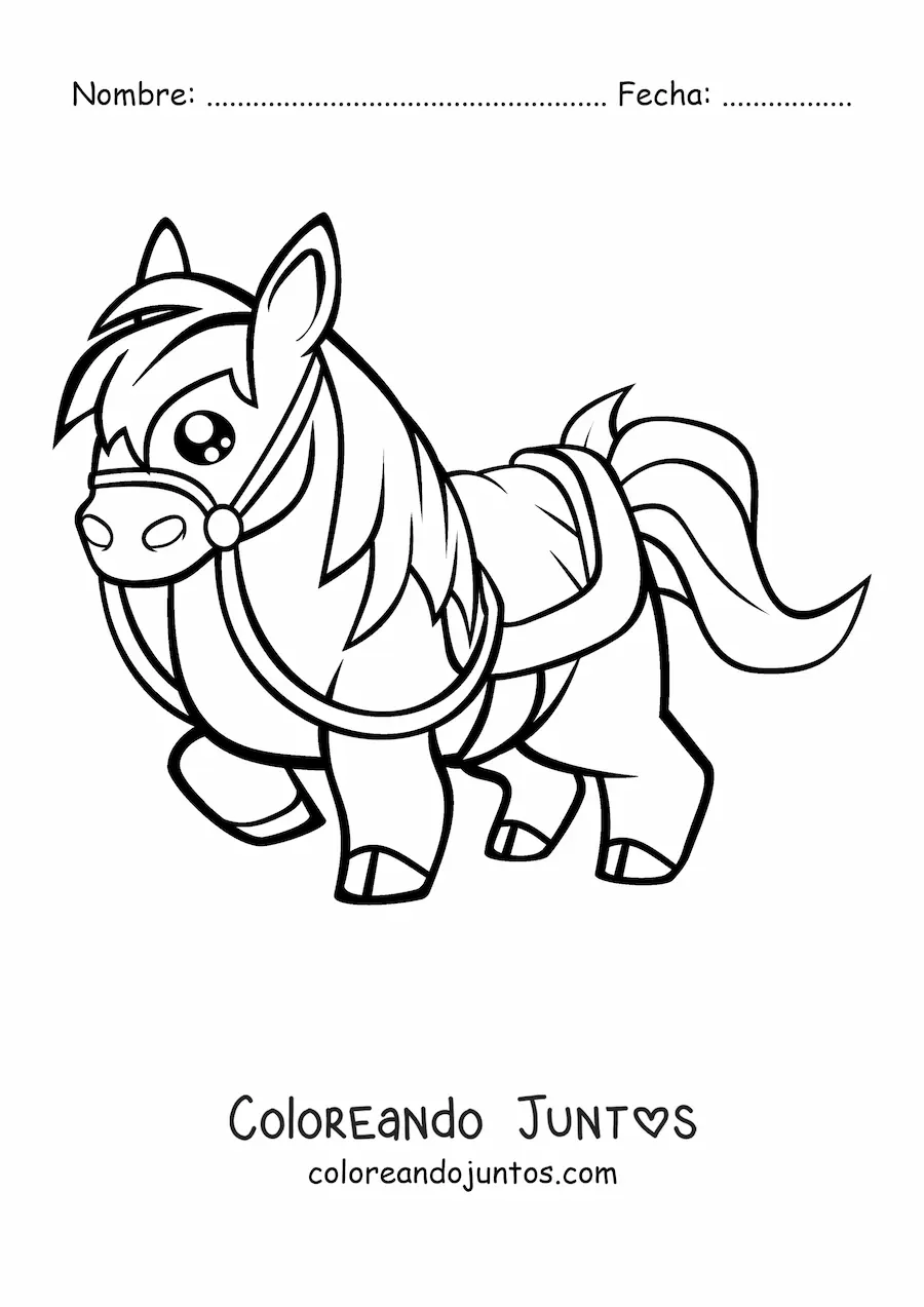 Imagen para colorear de un caballo kawaii ensillado levantando una pata