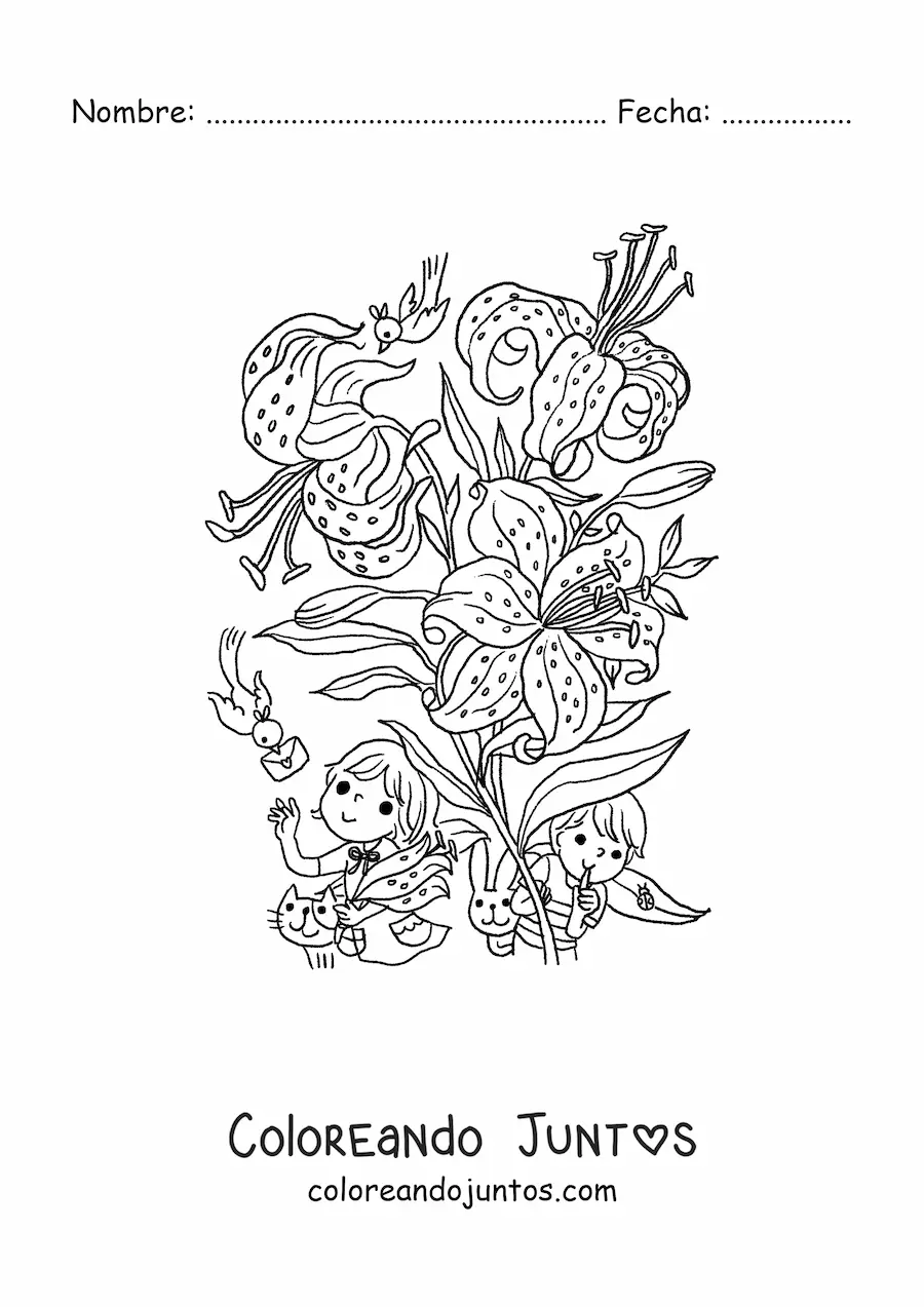 Imagen para colorear de varios lirios con niños kawaii