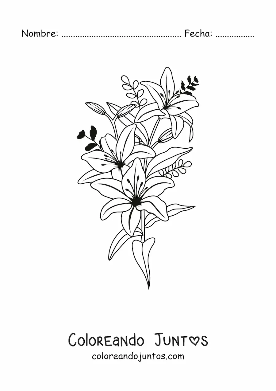 Imagen para colorear de tres lirios hermosos con hojas