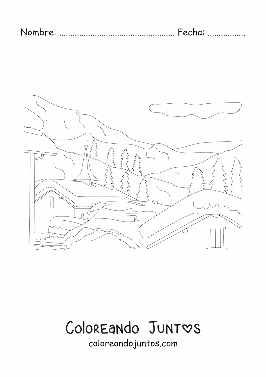 Imagen para colorear de un paisaje de casas nevadas