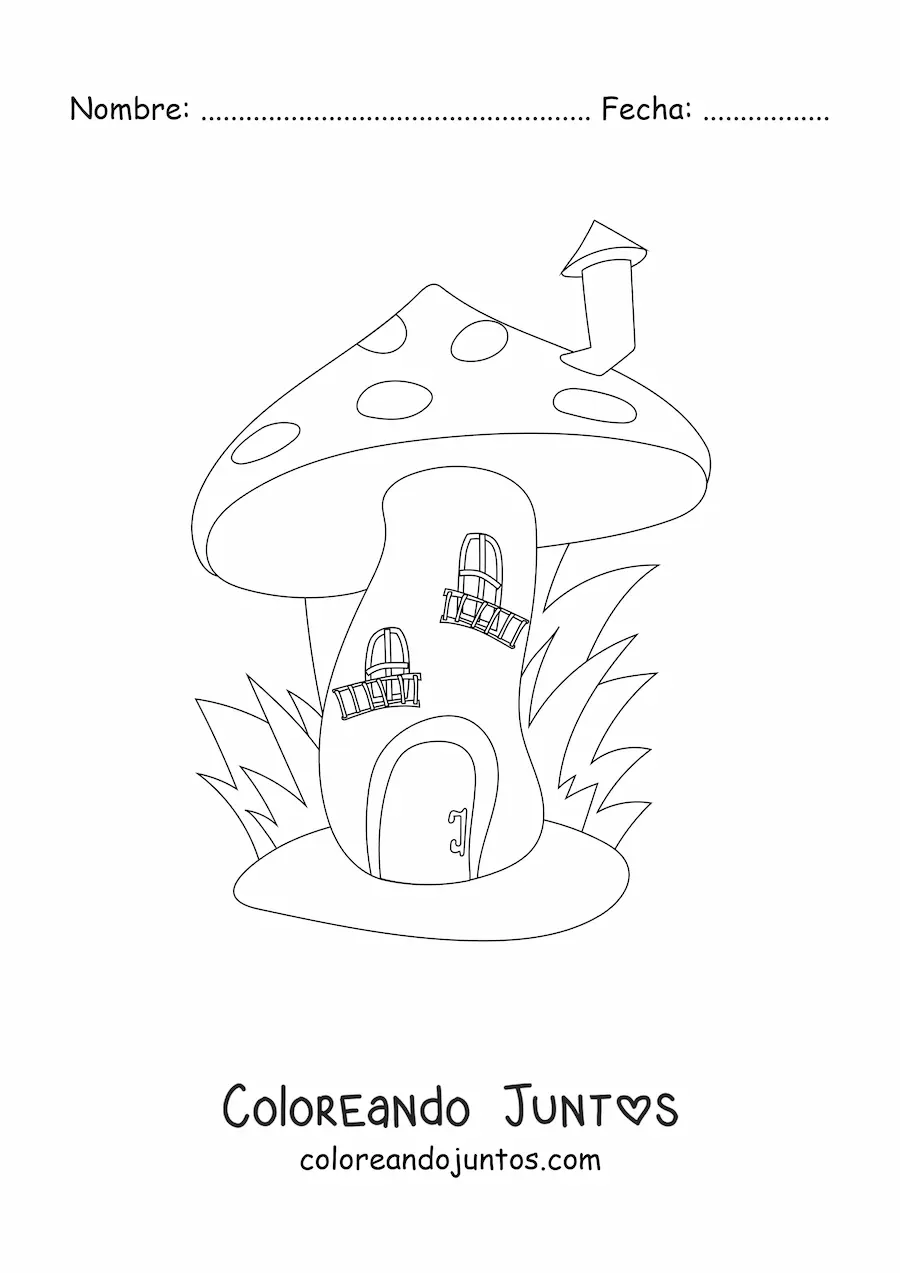 Imagen para colorear de la casa de un duende en forma de hongo con chimenea