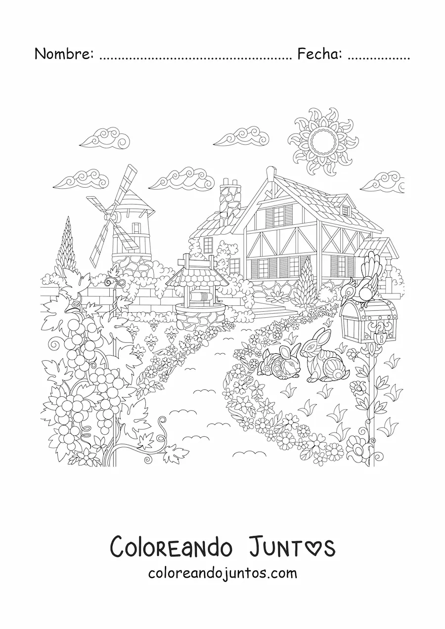 Imagen para colorear de una casa de campo con un molino