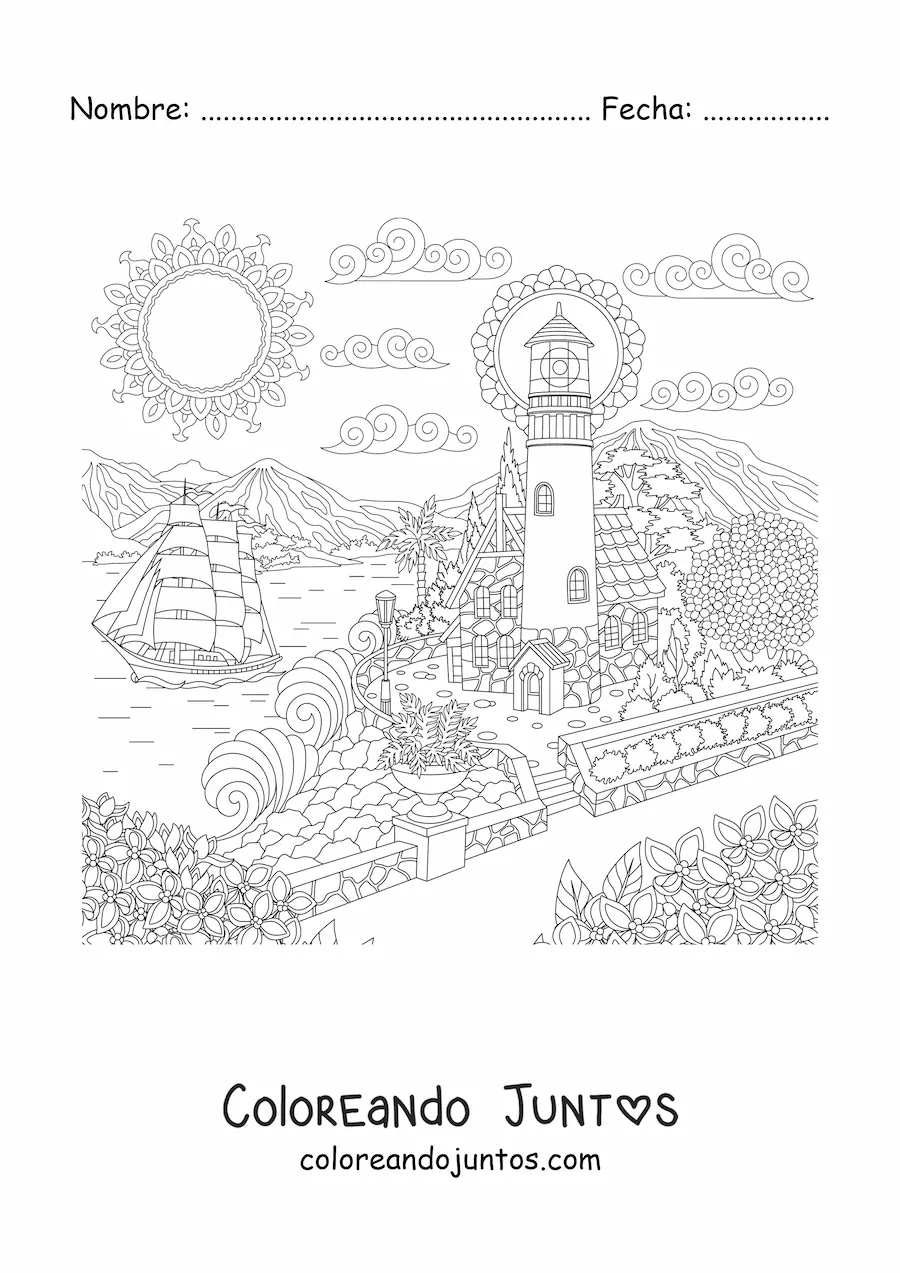 Imagen para colorear de una casa junto al mar cerca de un faro