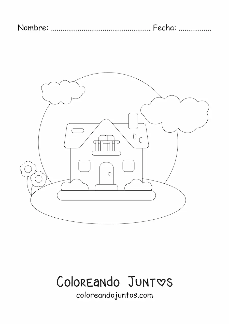 Imagen para colorear de una casa con chimenea y balcón