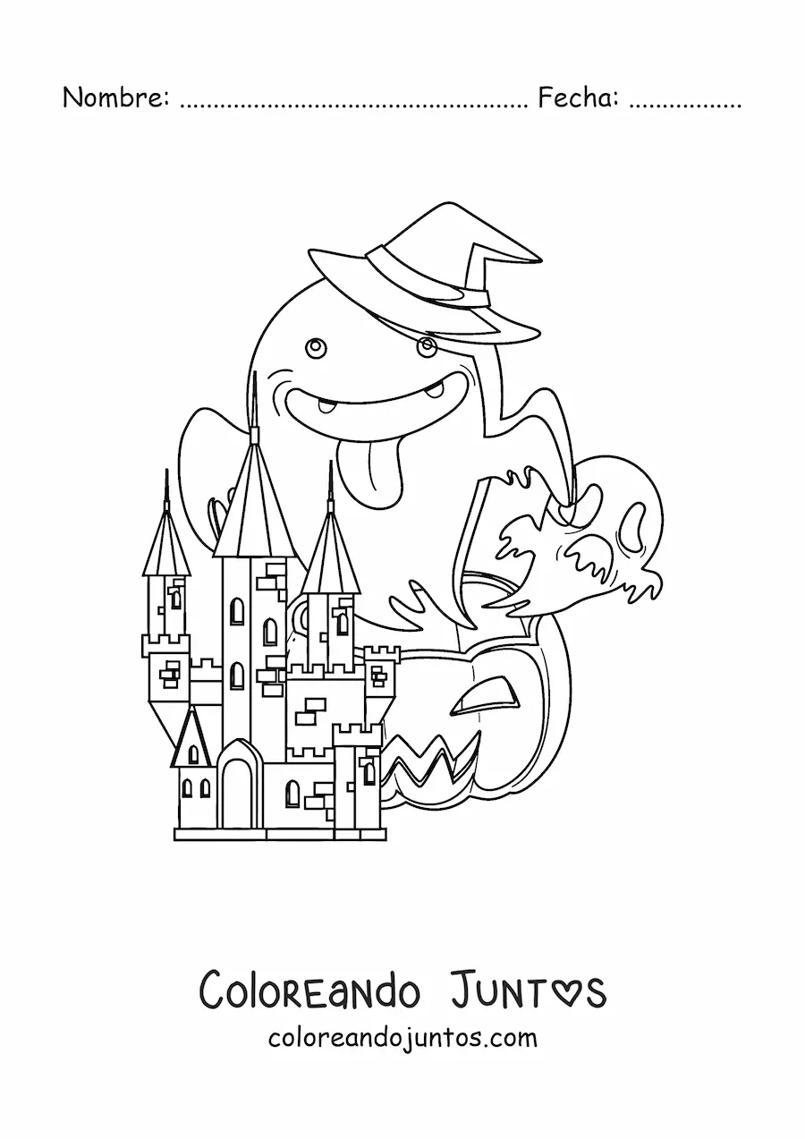 Imagen para colorear de un castillo de terror con fantasmas