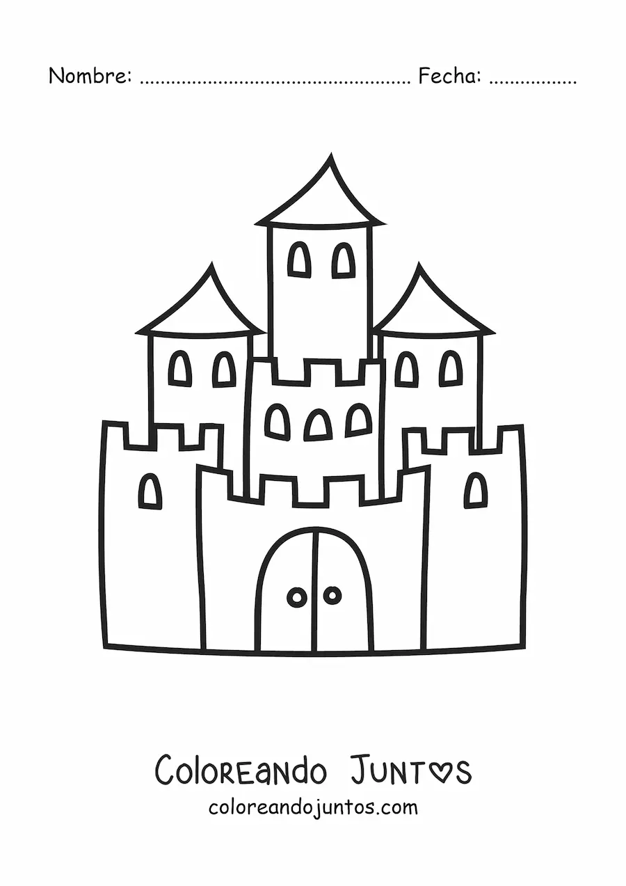 Imagen para colorear de un castillo con tres torres y una muralla