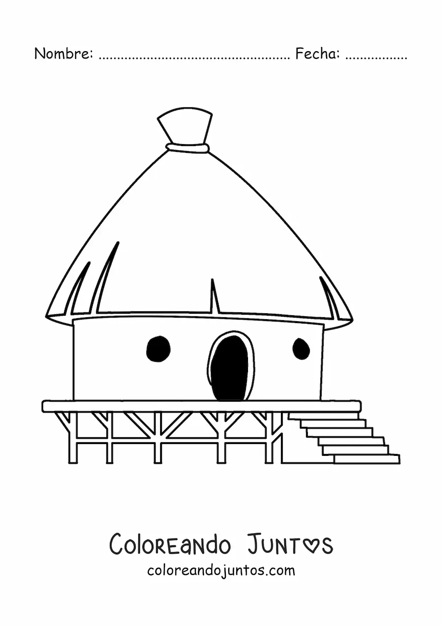 Imagen para colorear de una choza tradicional sobre ua base de madera