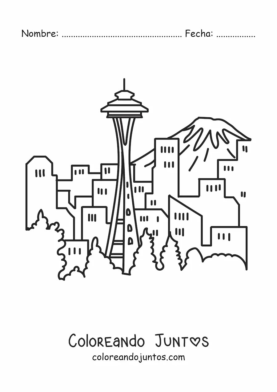 Imagen para colorear de un paisaje con rascacielos y una montaña en el fondo