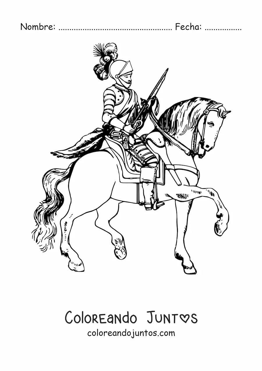 Imagen para colorear de un caballero con armadura montando un caballo
