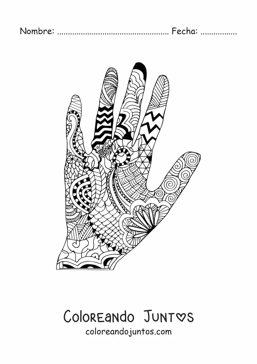 Imagen para colorear de una mano con estampado de mandala
