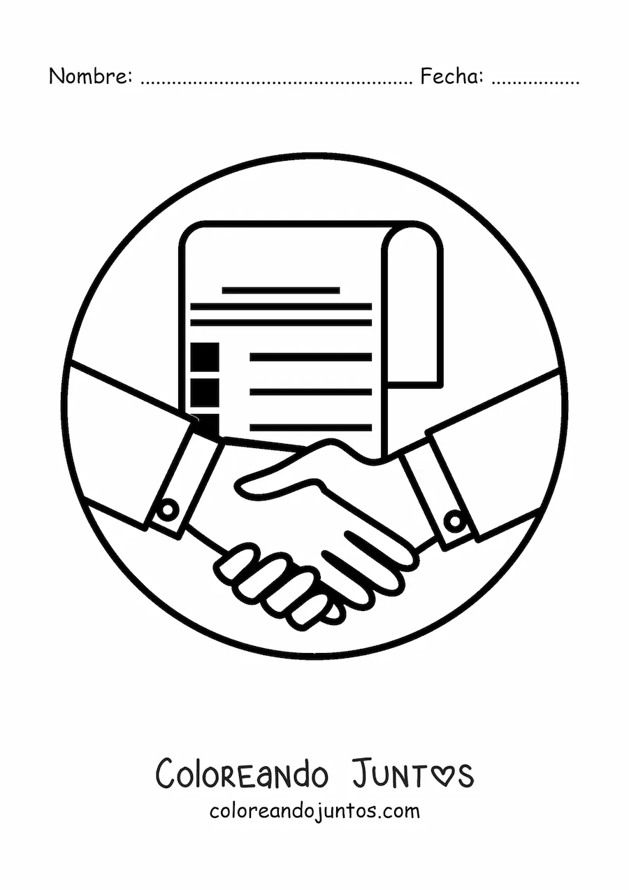 Imagen para colorear de un apretón de manos cerrando un trato con un contrato en el fondo