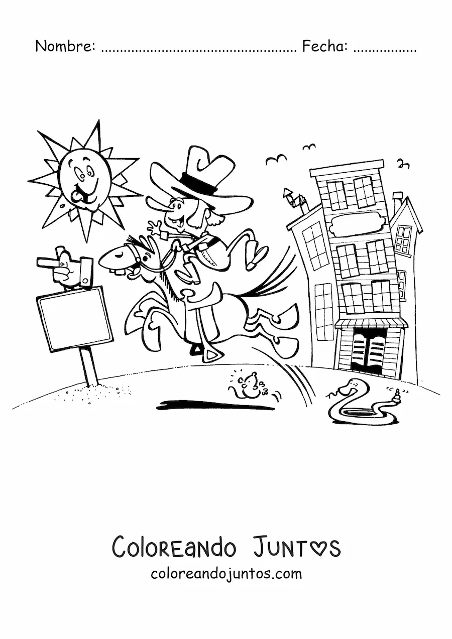 Imagen para colorear de un vaquero animado cabalgando en un día soleado