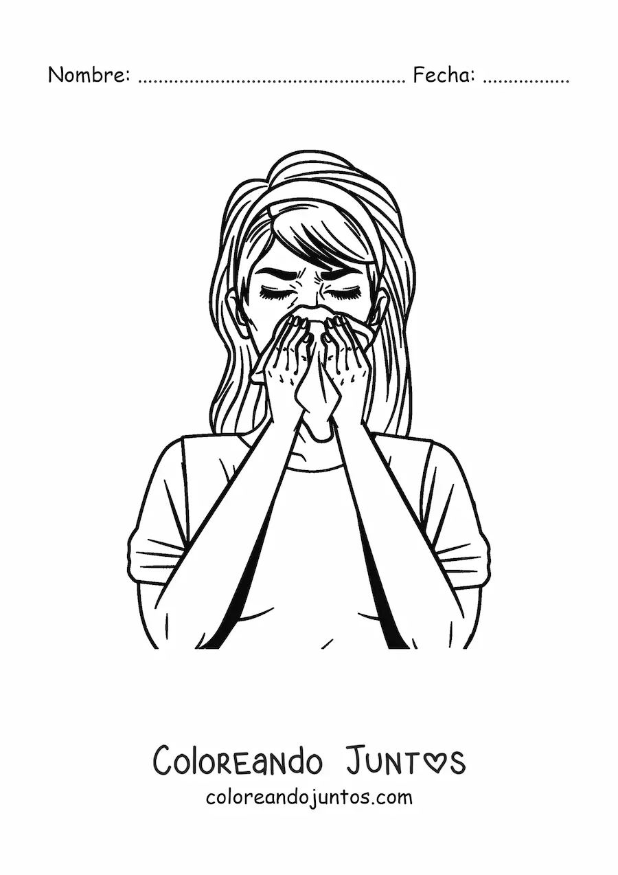 Imagen para colorear de una chica estornudando o sonándose la nariz
