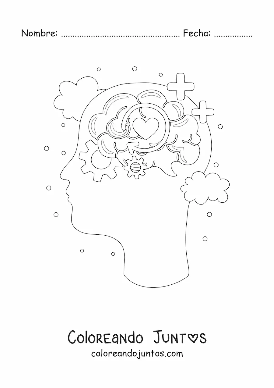 Imagen para colorear de una cabeza humana con un cerebro rodeado de símbolos del pensamiento, las emociones y la inteligencia