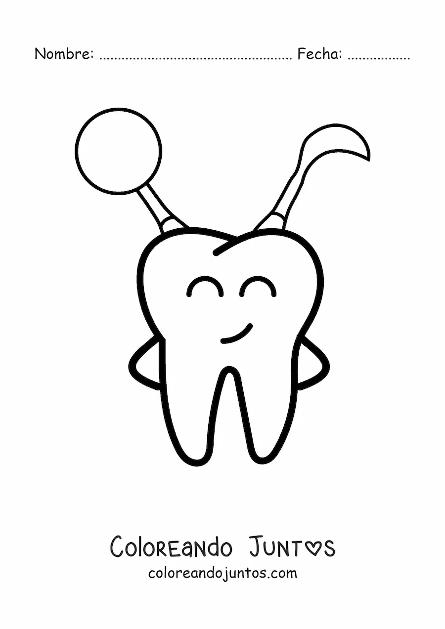 Imagen para colorear de un diente animado feliz sosteniendo instrumentos de odontología