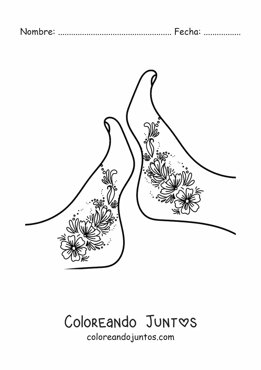Imagen para colorear de un par de pies bonitos de mujer con tatuajes de flores