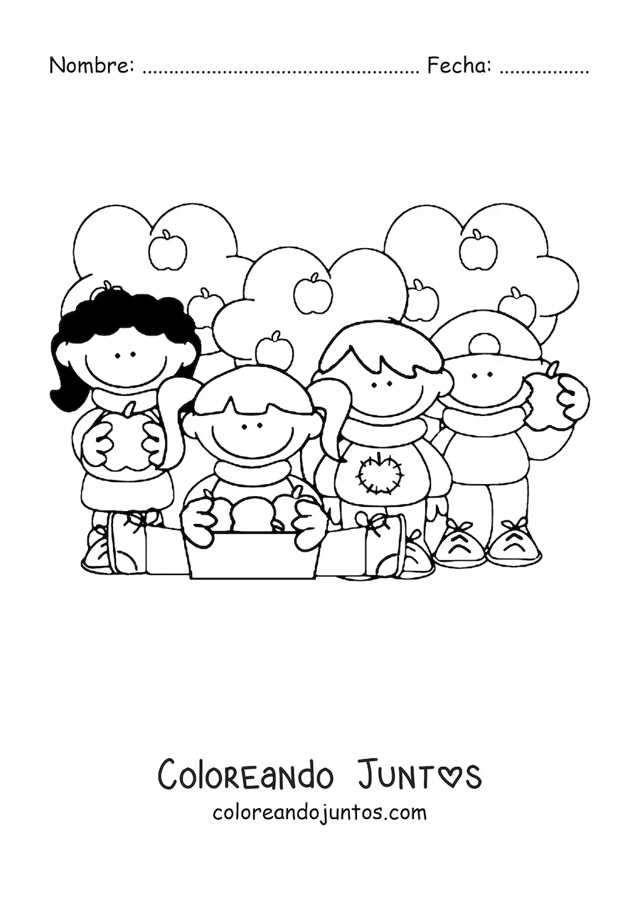 Imagen para colorear de niños comiendo manzanas con árboles manzanos de fondo