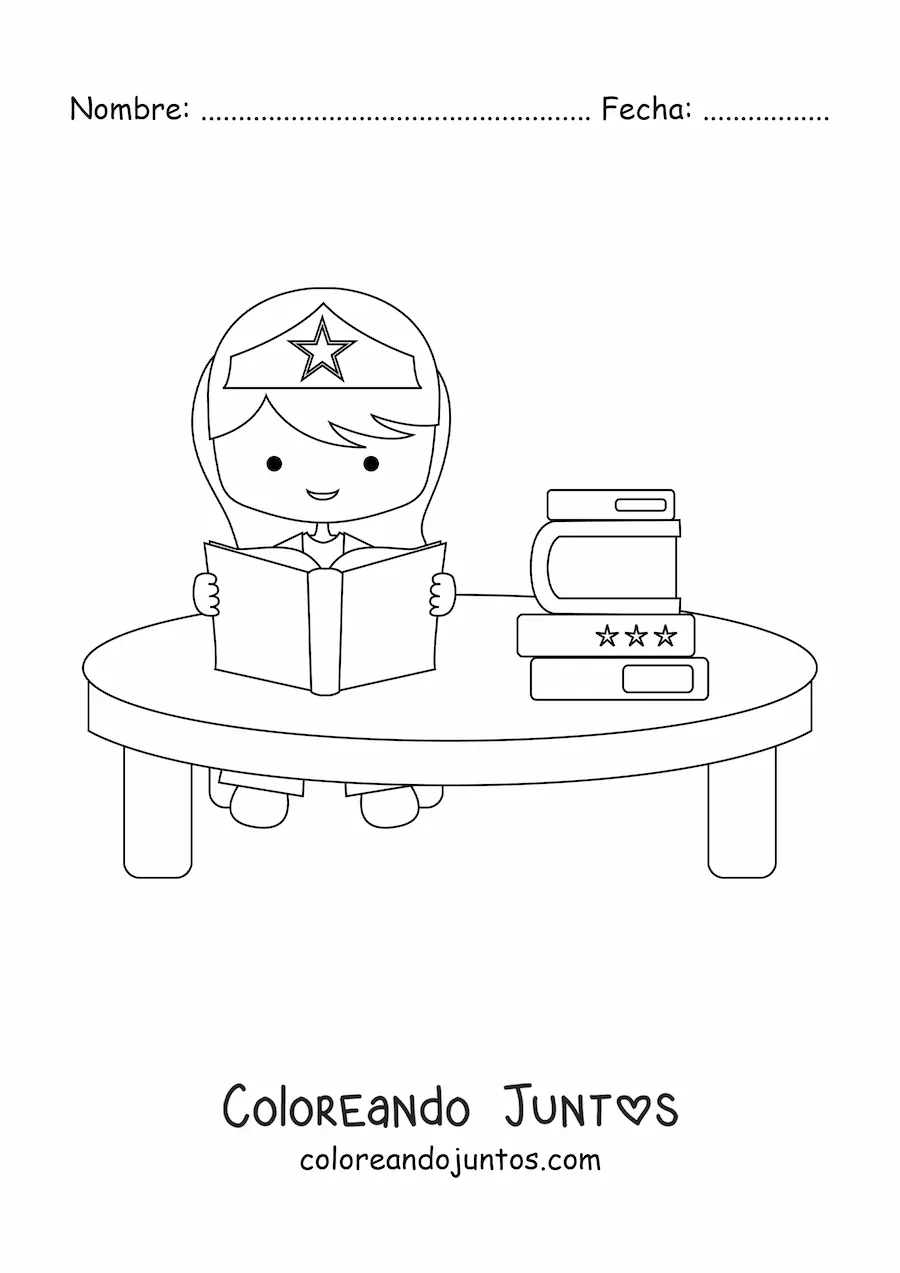 Imagen para colorear de una niña superheroína kawaii leyendo un libro