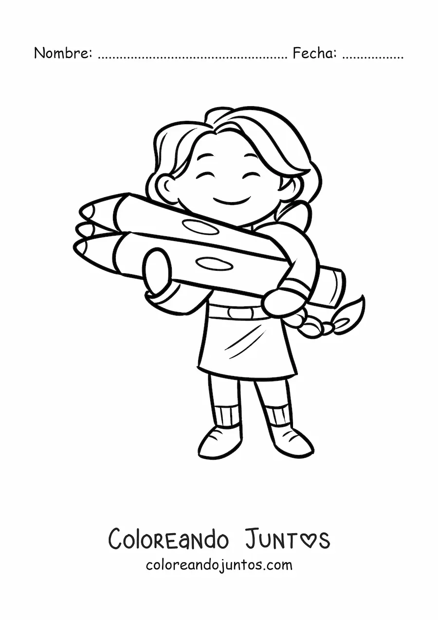 Imagen para colorear de una niña kawaii sosteniendo tres lápices de colores gigantes