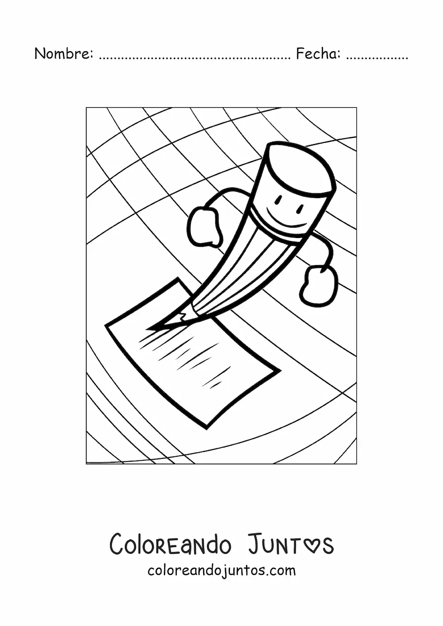 Imagen para colorear de un lápiz animado escribiendo sobre un papel