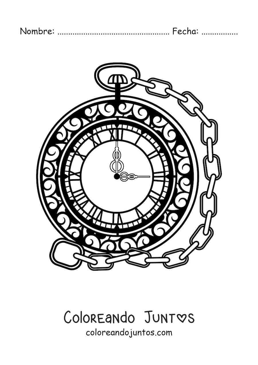Imagen para colorear de un reloj de bolsillo marcando la hora