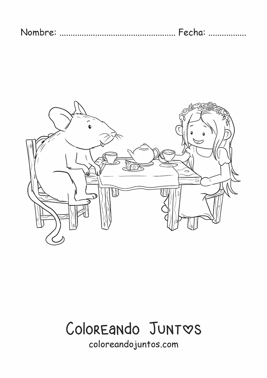Imagen para colorear de una niña y un ratón animado tomando té en una mesa de madera