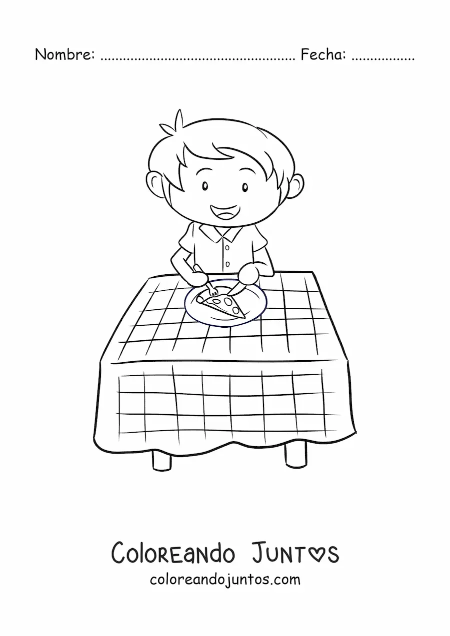 Imagen para colorear de un niño comiendo pizza en una mesa con un mantel de cuadros