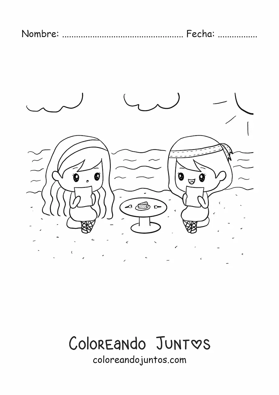 Imagen para colorear de dos niñas kawaii merendando en una mesa redonda