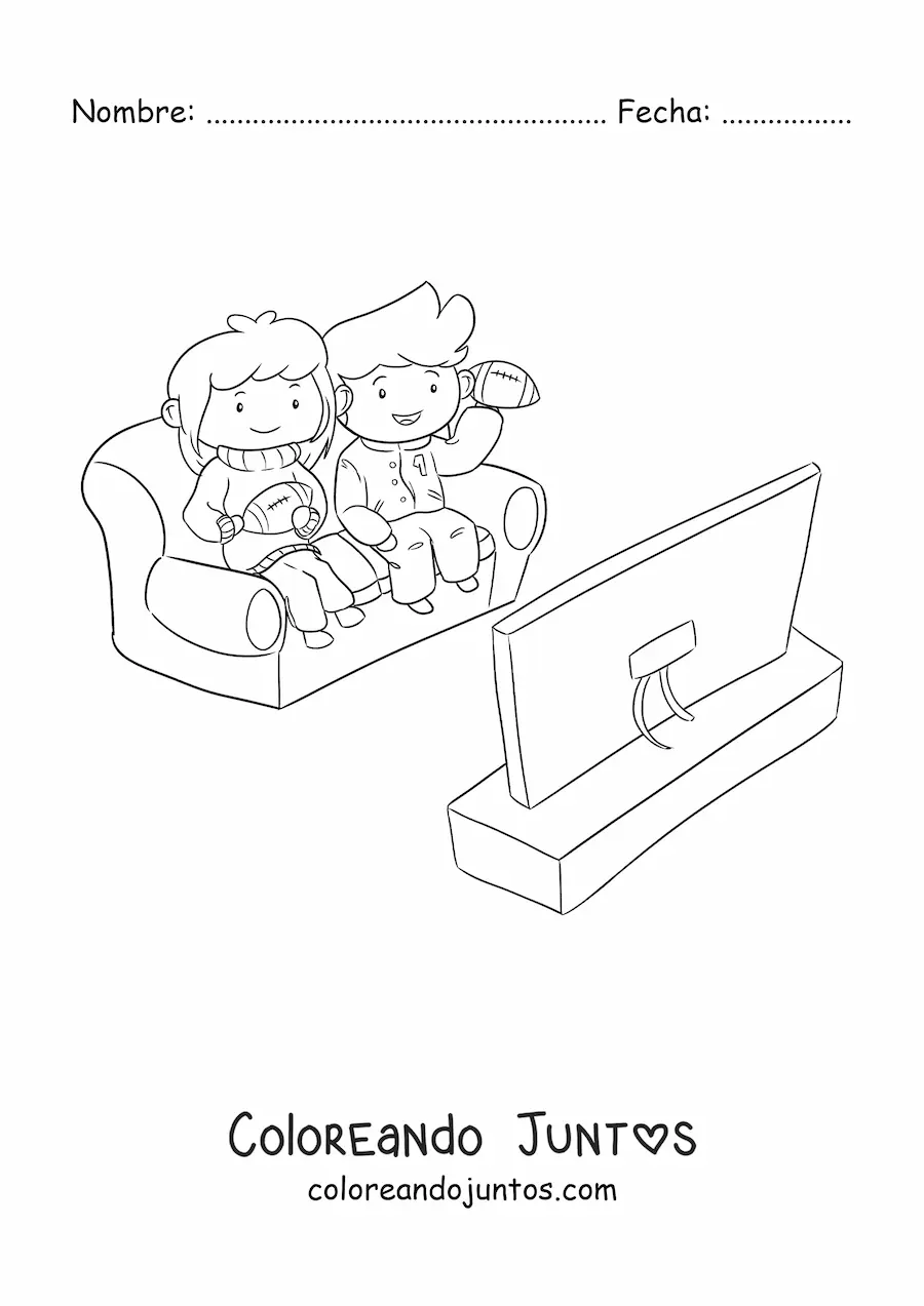 Imagen para colorear de dos niños viendo un partido de fútbol sentados en un sillón