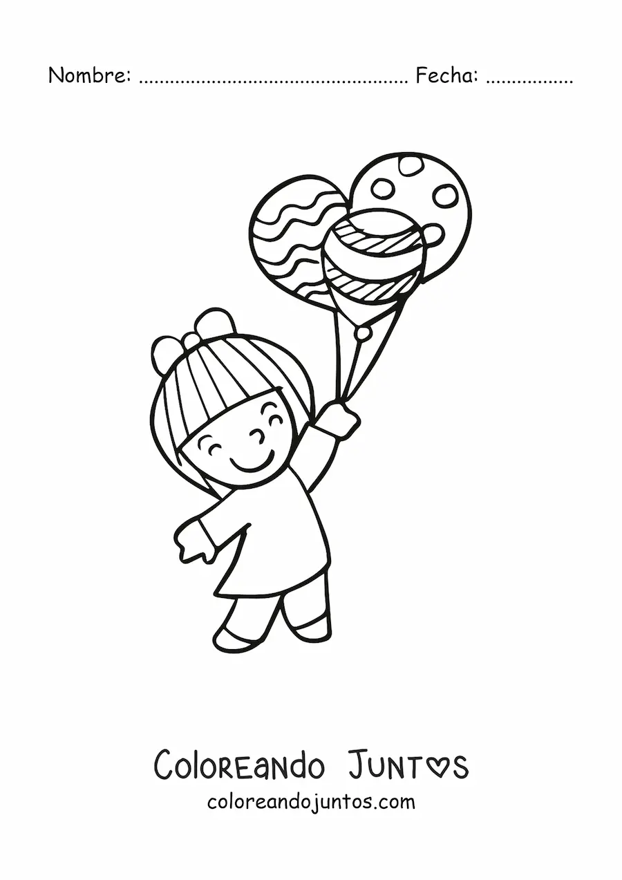 Imagen para colorear de una niña sosteniendo tres globos