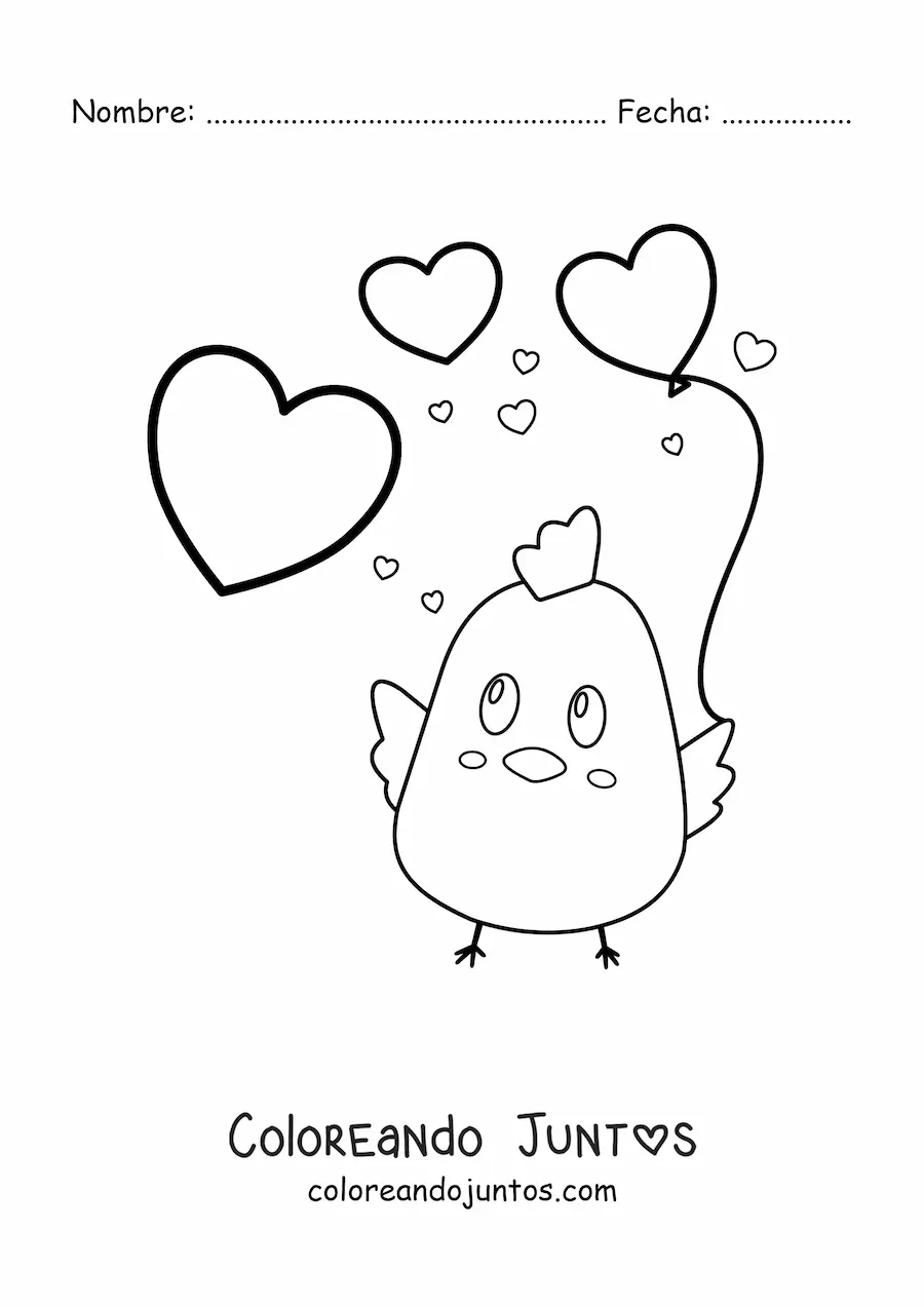 Imagen para colorear de un pollito kawaii con globos de corazones