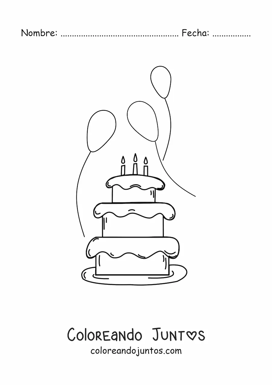 Imagen para colorear de un pastel de cumpleaños con tres globos