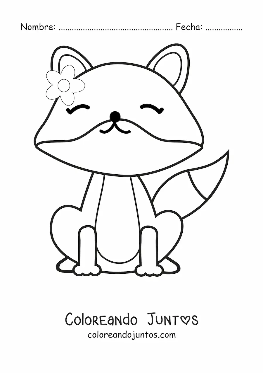 Imagen para colorear de un zorro kawaii animado sentado con una flor en su cabeza