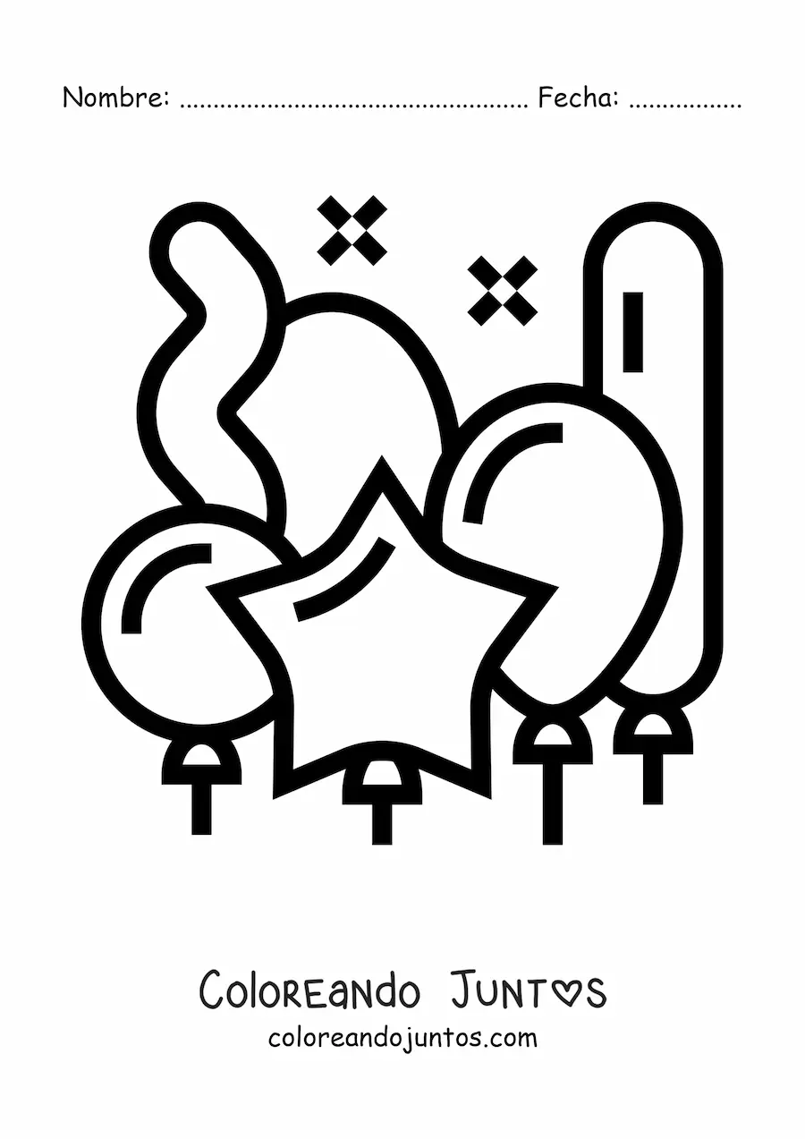 Imagen para colorear de un globo con forma de estrella junto a varios globos