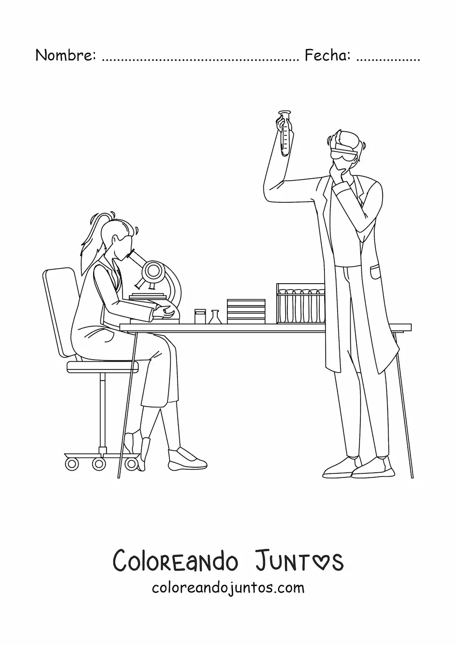 Imagen para colorear de dos científicos en laboratorio químico