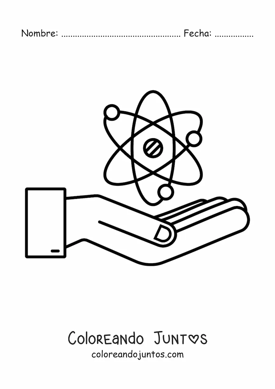 Imagen para colorear de una mano con un átomo representando la física nuclear