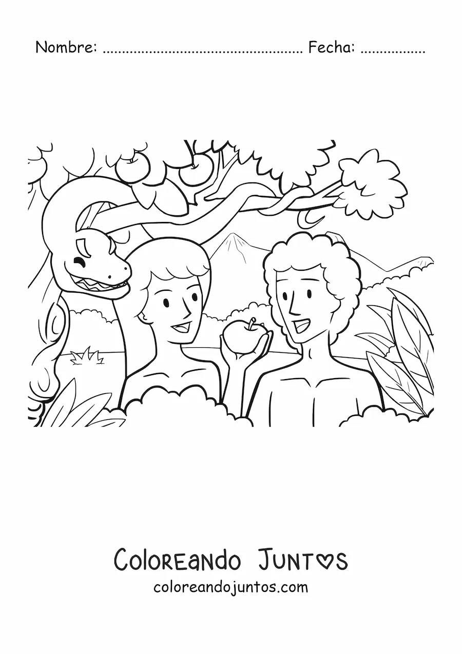 Imagen para colorear de una manzana como el fruto prohibido del génesis, con adán y eva