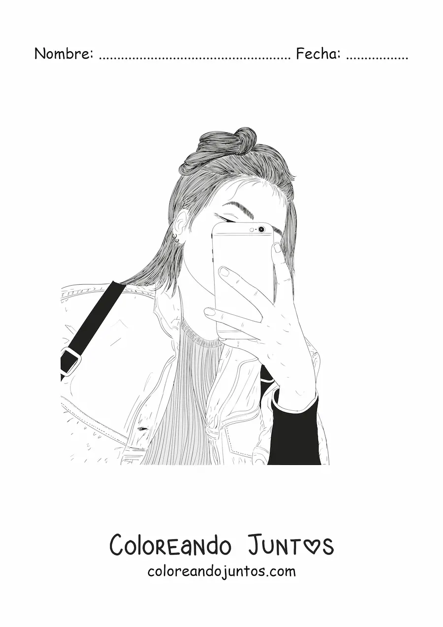 Imagen para colorear de una chica tomando una selfie con su teléfono celular