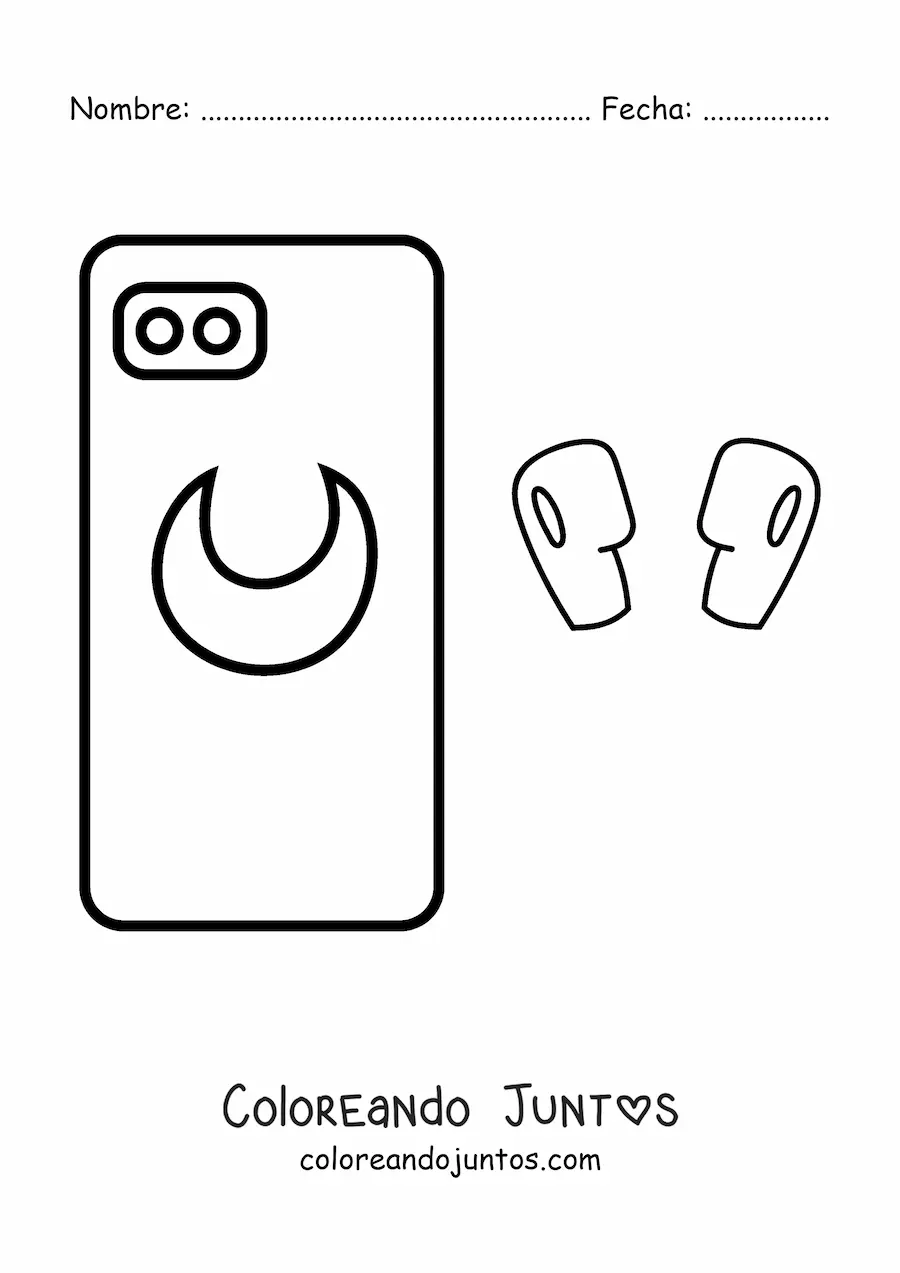 Imagen para colorear de un teléfono con un dibujo de la luna y unos audífonos inalámbricos