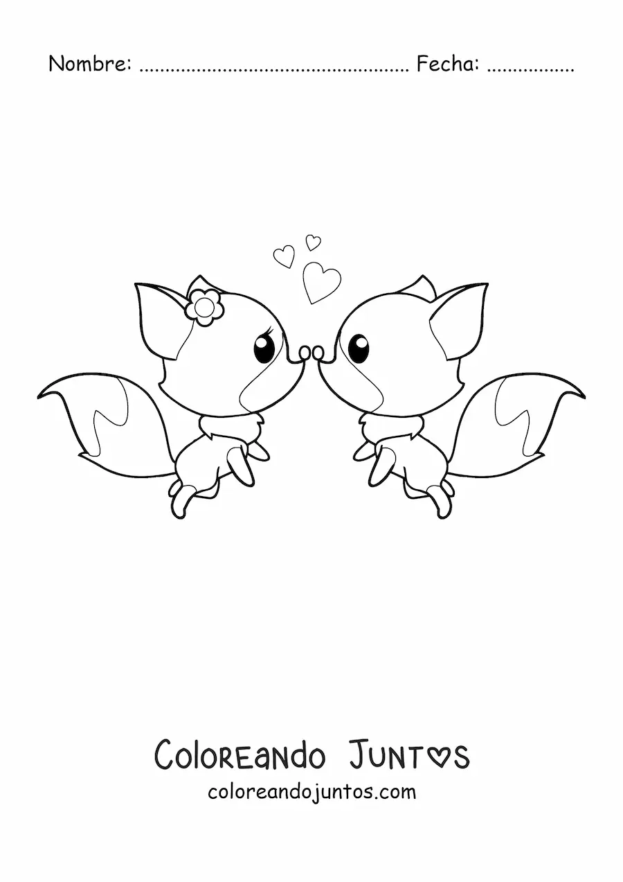 Imagen para colorear de una pareja de zorros kawaii animados uniendo sus narices