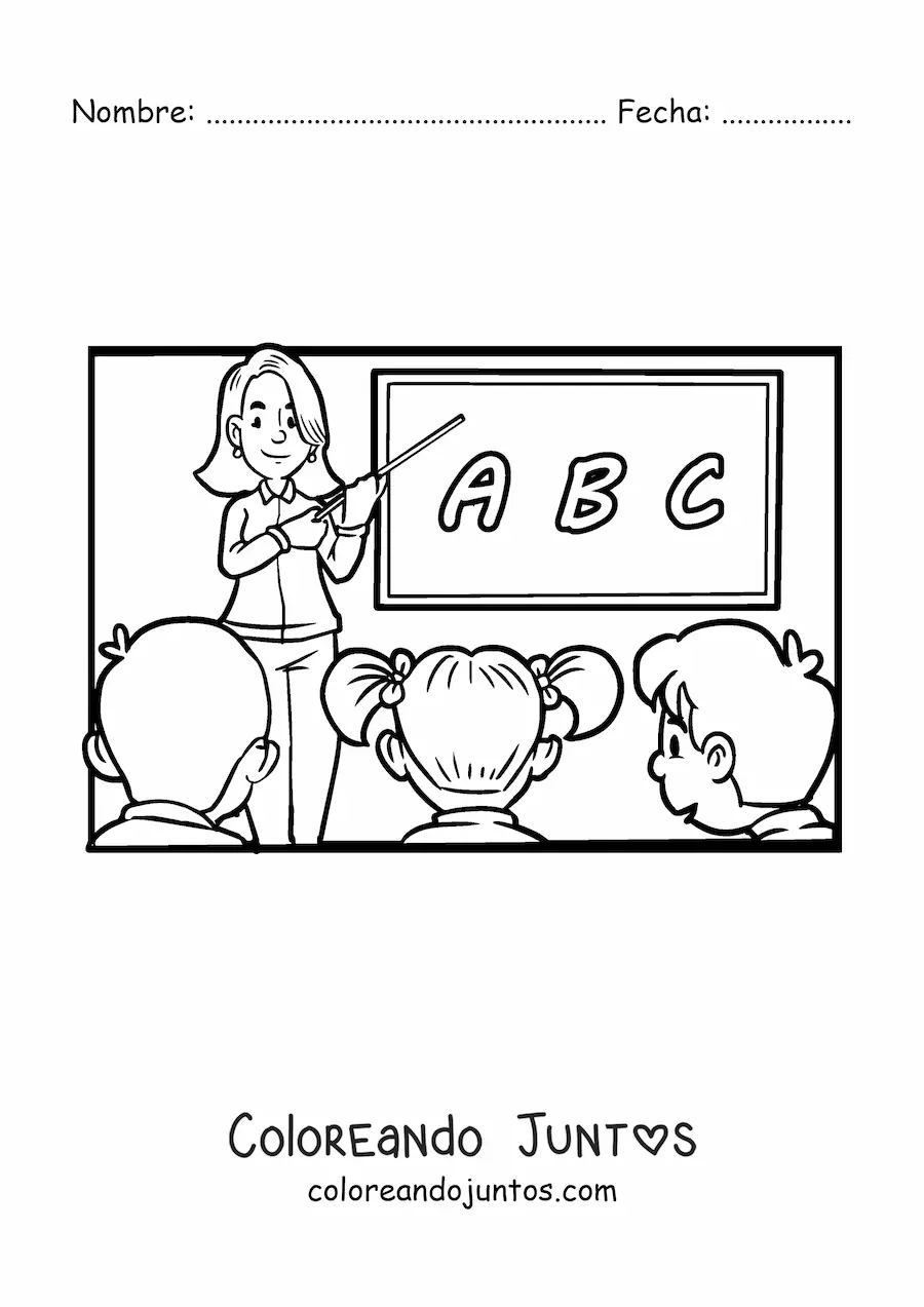 Imagen para colorear de una maestra y los alumnos de primaria en el salón