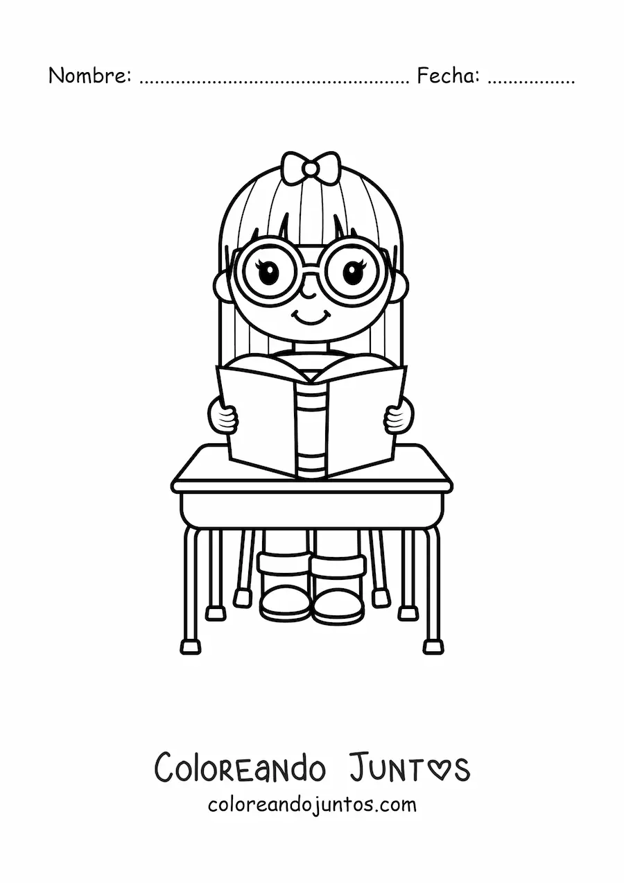 Imagen para colorear de una niña kawaii leyendo un libro en un pupitre