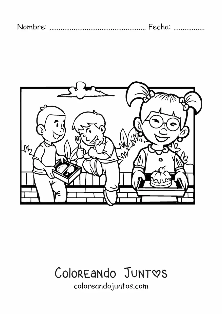 Imagen para colorear de unos niños almorzando en el receso